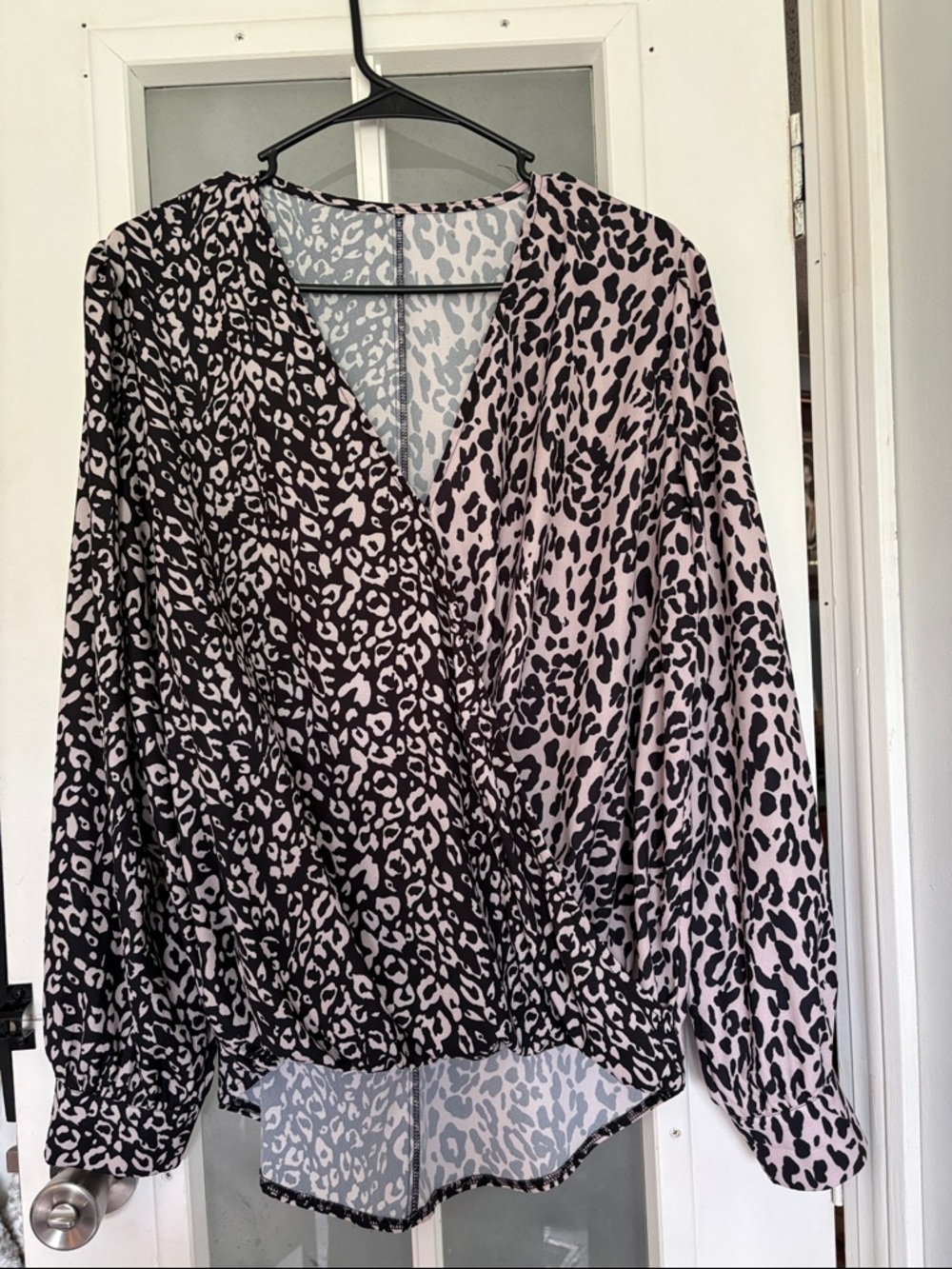 Women's Cream and Black Leopard Print Wrap Blouse